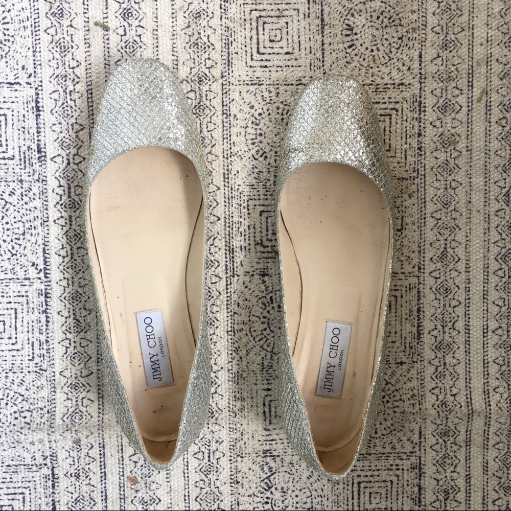 Jimmy Choo silver sparkle flats.
